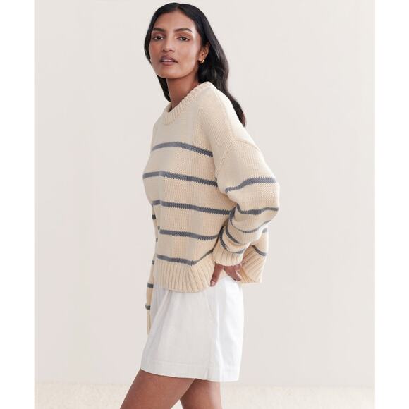 Jenni Kayne Chloe Crewneck Sweater-Peruvian Cotton XS - Cream/Dusty Blue Stripe - Picture 3 of 4